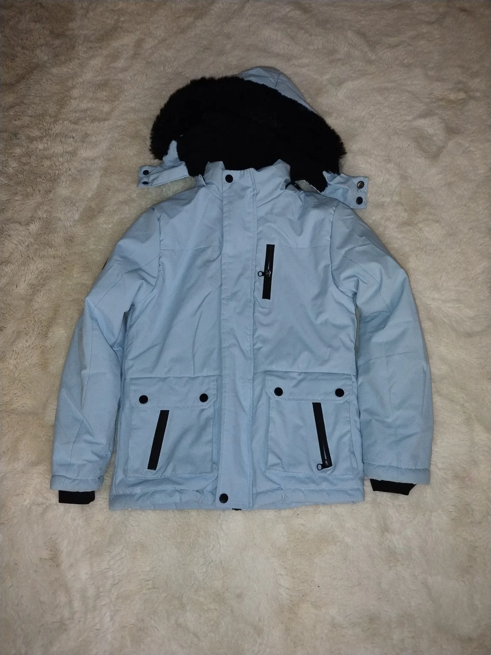 Kids Light Blue Hooded Puffer Jacket with Faux-Fur Trim - Youth Winter Coat
